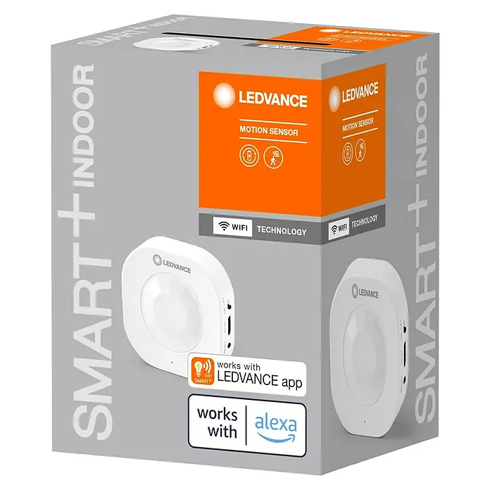 Ledvance Smart+ WiFi Bewegungsmelder - Weiß, L x B x H: 6,03 x 2,05 x 6,03 cm - Produktbild einer LEDVANCE Smart+ Indoor Bewegungssensor-Box, die mit WLAN funktioniert und mit Alexa kompatibel ist.