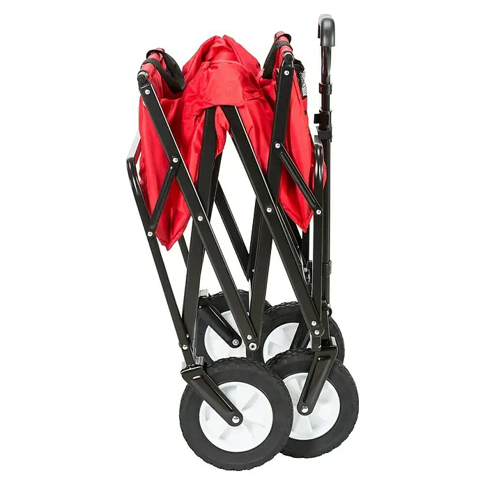 Faltbarer Bollerwagen Beach Waggon - L x B x H: 89 x 51,5 x 57,5 cm, Belastbarkeit: 60 kg - Zusammengeklappter Bollerwagen mit rotem Stoffbezug und schwarzen Rädern. Praktisch für den Transport von Gegenständen.