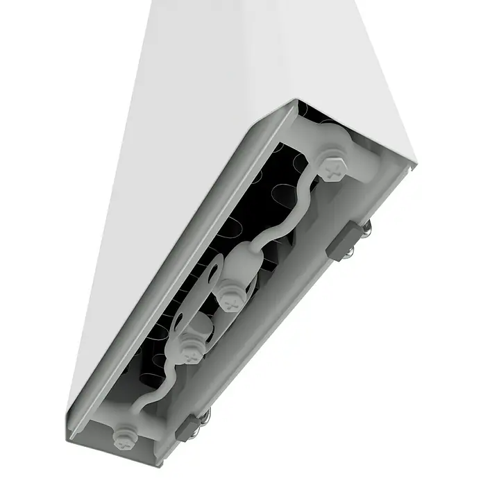 E.C.A. Planheizkörper - B x H: 400 x 1.600 mm, Wärmeleistung bei Vorlauftemperatur von 75 °C (D: 50): 1.269 W, Typ Heizkörper: 22 - Detailaufnahme eines weißen Produkts mit Schrauben und Kabeln, möglicherweise ein Beleuchtungskörper oder ein elektronisches Gerät.