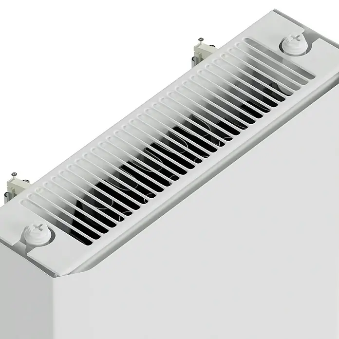 E.C.A. Planheizkörper - B x H: 400 x 1.600 mm, Wärmeleistung bei Vorlauftemperatur von 75 °C (D: 50): 1.269 W, Typ Heizkörper: 22 - Nahaufnahme eines weißen Heizkörpers mit Lamellen und Ventilen, der für eine effiziente Wärmeabgabe in Wohnräumen sorgt.