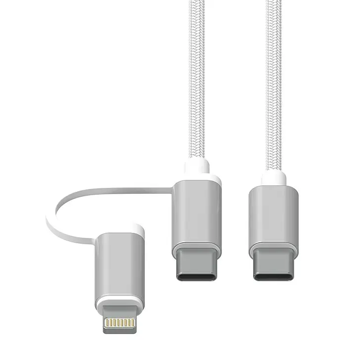BAUHAUS USB-Ladegerät Quick Charge - USB C-Stecker, Weiß, Kabellänge: 1 m - Abbildung eines USB-Kabels mit Lightning-, USB-C- und USB-A-Anschlüssen. Es ist ein 3-in-1-Ladekabel für verschiedene Geräte.