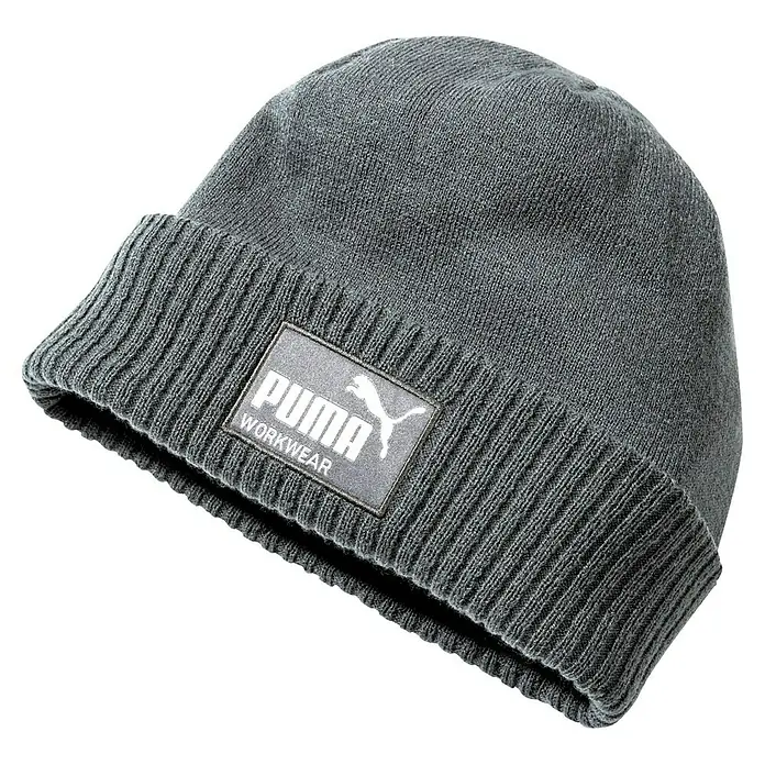 Puma Workwear Strickmütze Champ - Stahlgrau, Größe: Einheitsgröße - Graue Puma Workwear-Mütze mit umgeschlagenem Rand und Logo-Patch auf der Vorderseite, ideal für Arbeit und Freizeit.
