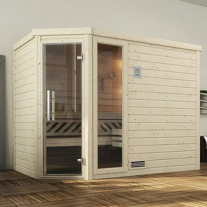 Weka Massivholzsauna Turku 3 GTF - Ohne Ofen, L x B x H: 198 x 248 x 205 cm - Eine moderne Holzsauna mit Glastür und Bedienfeld zur Temperaturregelung. Ideal für Wellness zu Hause.