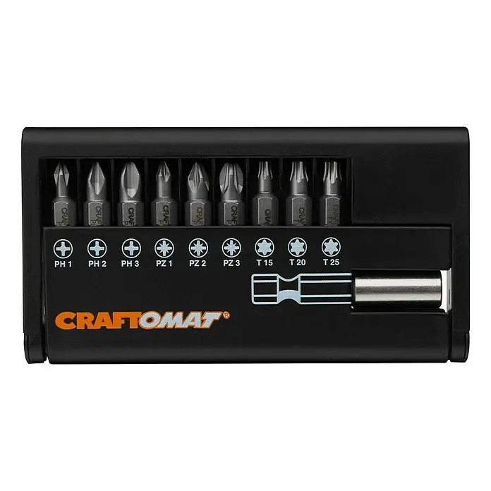 Craftomat Bit-Set Standard - 9 -tlg. - Schraubendreher-Bit-Set mit verschiedenen Bits und Halterungen für Heimwerker- und professionelle Anwendungen.