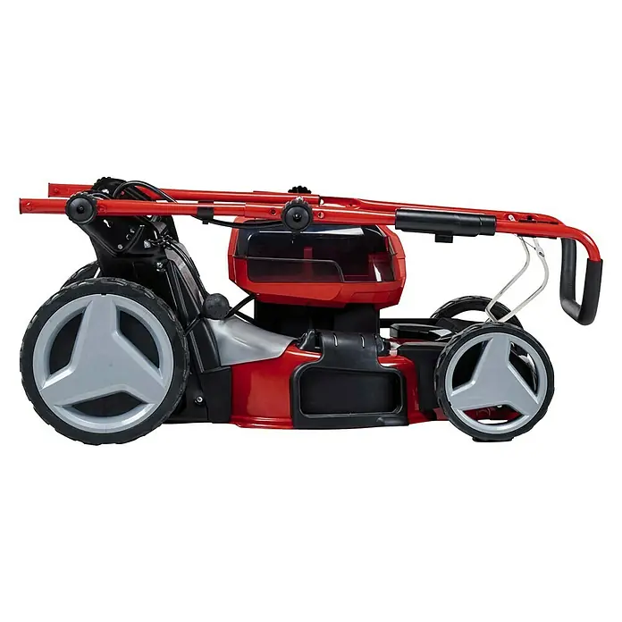 Einhell Professional Power X-Change 18V Akku-Rasenmäher GP-CLM 47 S HW Li - 36 V, 4 Akkus, 5,2 Ah, Schnittbreite: 47 cm - Bild einer zusammengeklappten roten Akku-Rasenmähers. Ideal für die platzsparende Lagerung.