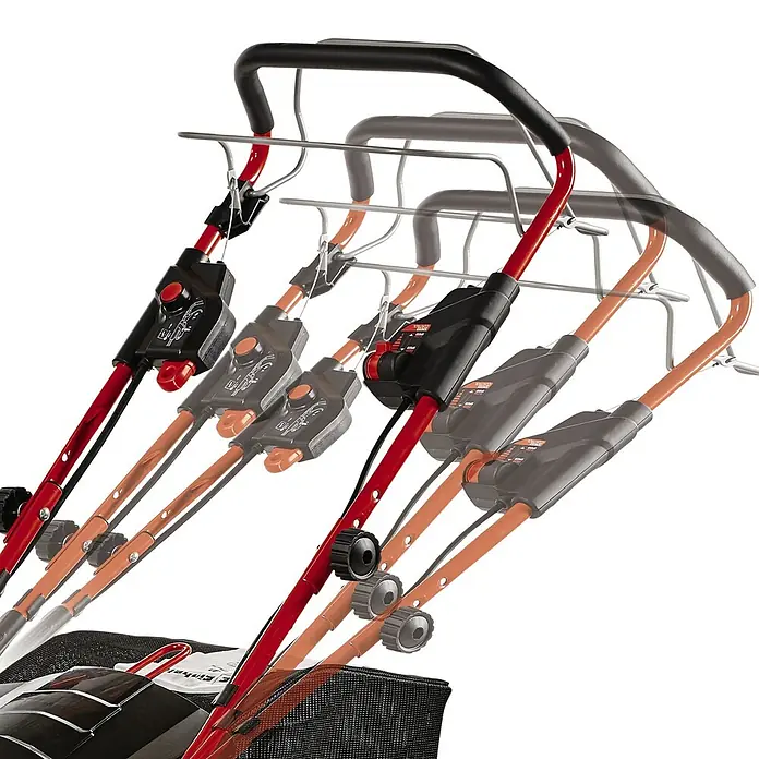 Einhell Professional Power X-Change 18V Akku-Rasenmäher GP-CLM 47 S HW Li - 36 V, 4 Akkus, 5,2 Ah, Schnittbreite: 47 cm - Nahaufnahme des verstellbaren Griffs eines Rasenmähers, der Komfort und ergonomisches Design hervorhebt.