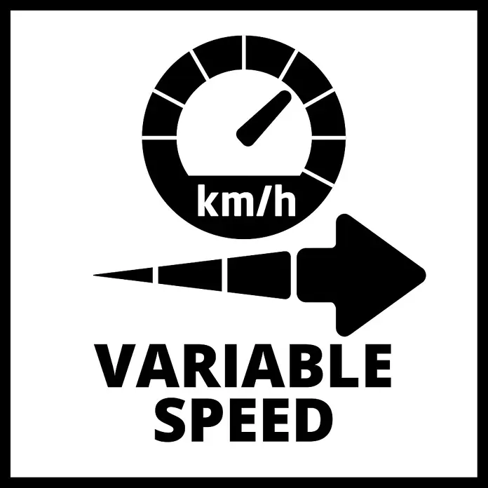 Einhell Professional Power X-Change 18V Akku-Rasenmäher GP-CLM 47 S HW Li - 36 V, 4 Akkus, 5,2 Ah, Schnittbreite: 47 cm - Das Bild zeigt ein Symbol für variable Geschwindigkeit mit Tachometer und Pfeil, das die Anpassbarkeit des Produkts hervorhebt.