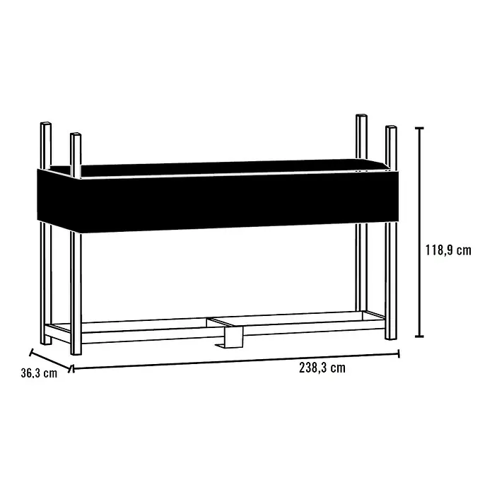 ShelterLogic Kaminholzregal - 238,3 x 36,3 x 119 cm, Stahl, Schwarz - Detaillierte Zeichnung eines Pflanzenständers, der die Abmessungen 118,9 cm Höhe, 238,3 cm Länge und 36,3 cm Breite zeigt.