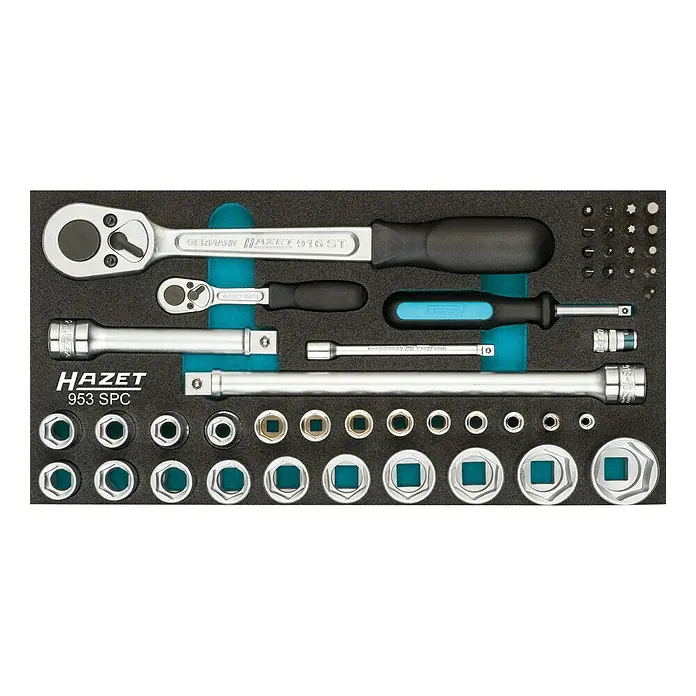 Hazet Steckschlüssel-Set 953 SPC - 47 -tlg., Antriebsgröße: ½″ - Hazet 953 SPC Werkzeugsatz in Schaumstoffeinlage. Das Set beinhaltet eine Vielzahl an Steckschlüsseln, Ratschen und Verlängerungen für verschiedene Anwendungen.