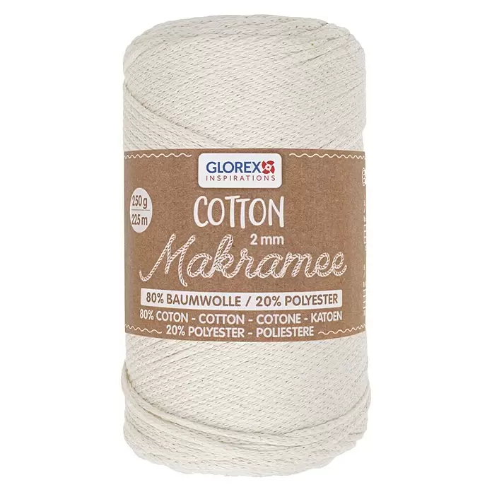 Glorex Wolle Makramee-Cotton - Creme, Durchmesser: 2 mm, 250 g - Naturweißes Glorex Makramee-Garn, 2mm, 80% Baumwolle, 20% Polyester. 250g/225m.