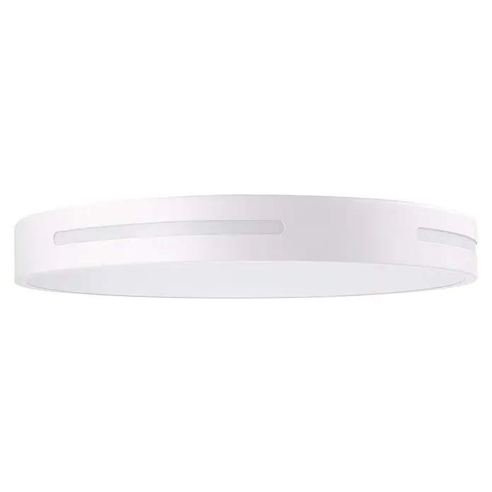 Forlight Plafón LED redondo Stilish - 23 W, Ø x Al: 40 x 5 cm, Blanco, Blanco frío - Este primer plano muestra una lámpara de techo LED redonda, blanca y moderna con ranuras de luz laterales. Ofrece una luz suave e indirecta.