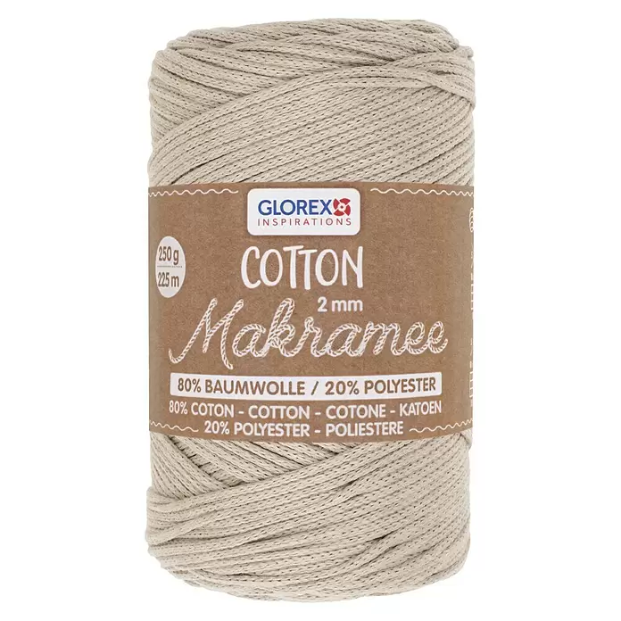 Glorex Wolle Makramee-Cotton - Taupe, Durchmesser: 2 mm, 250 g - Spule naturbeiges 2mm Baumwoll-Makramee-Garn, 250g/225m.