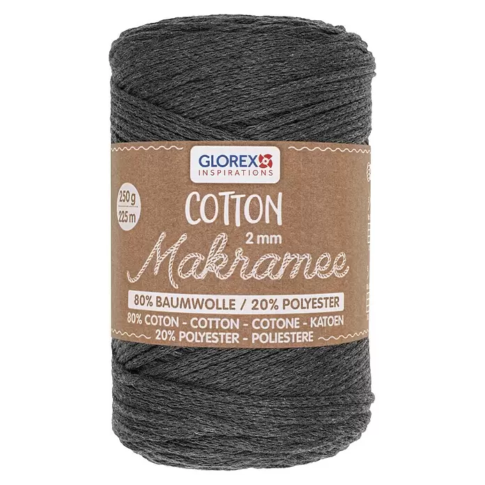 Glorex Wolle Makramee-Cotton - Anthrazit, Durchmesser: 2 mm, 250 g - Dunkelgraues Glorex Makramee-Garn, 2mm, 80% Baumwolle, 20% Polyester, 250g/225m.