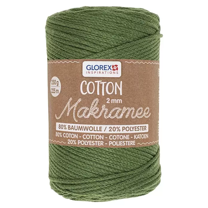 Glorex Wolle Makramee-Cotton - Oliv, Durchmesser: 2 mm, 250 g - Grüne Glorex Makramee-Garnrolle, 80% Baumwolle, 20% Polyester, 2mm.