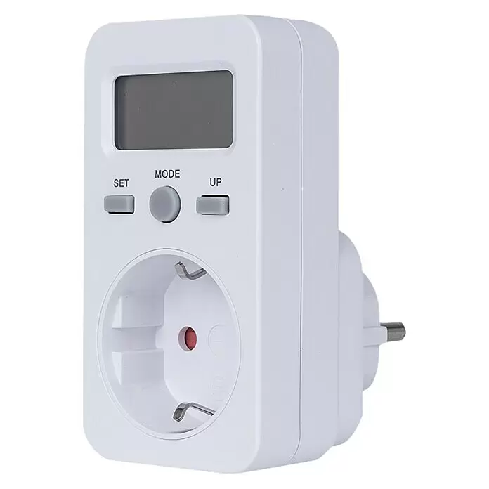 Reltech Wechselstrom-Zwischenzähler für Steckdose RSZD1 - 230 V - Weißer Stromzähler-Stecker mit Digitalanzeige und Tasten, Schuko-Steckdose und -Stecker zur Energieüberwachung.