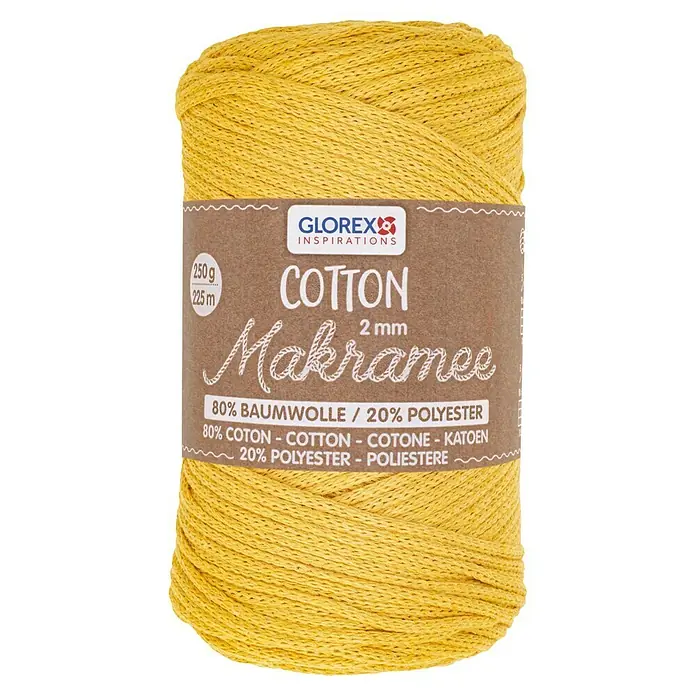Glorex Wolle Makramee-Cotton - Gelb, Durchmesser: 2 mm, 250 g - Gelbes Baumwoll-Makramee-Garn von Glorex, 2 mm dick, ideal für kreative Handarbeitsprojekte.