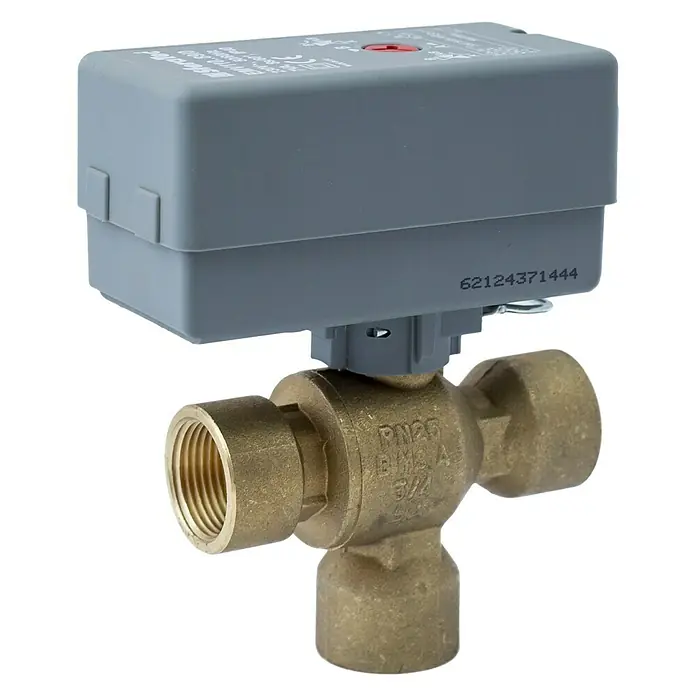 Sunset 3-Wege-Umschaltventil 3/4" - 220 V - 240 V - Produktansicht eines motorisierten 3-Wege-Kugelhahn aus Messing mit einem grauen Stellmotor, ideal für Heizungs- und Kühlsysteme.