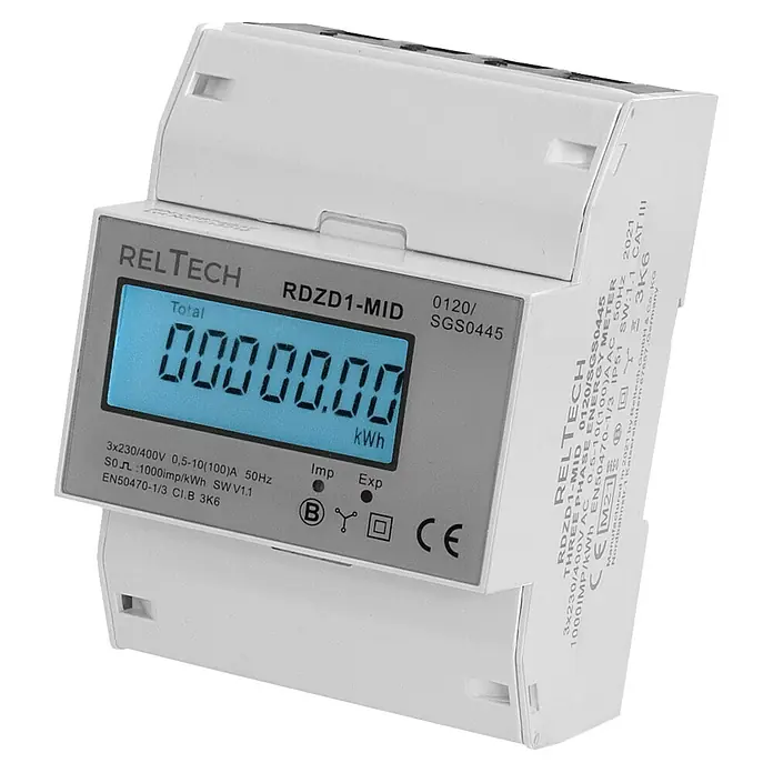 Reltech Drehstromzähler digital MID 100A RDZD1 - 400 V - Ein kompakter, digitaler RELTECH RDZD1-MID Stromzähler zur präzisen Messung des Energieverbrauchs in Kilowattstunden.