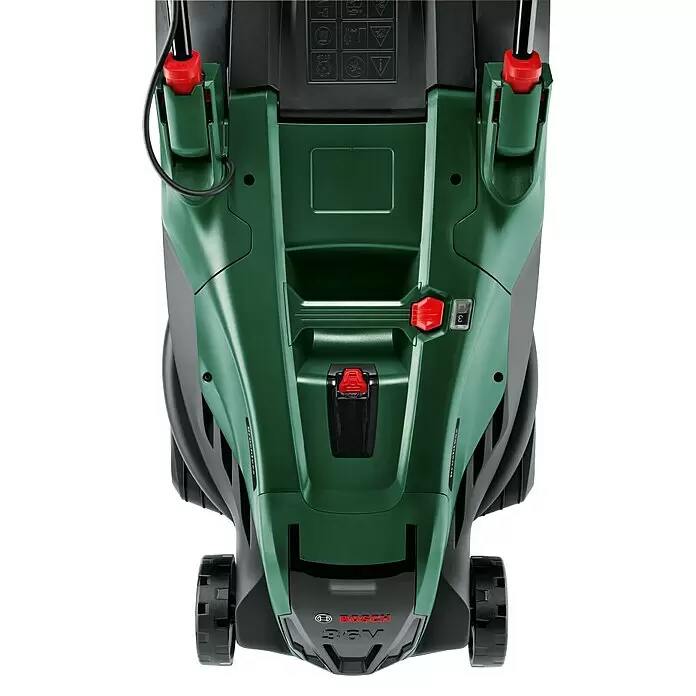 Bosch Power for All 36V Akku-Rasenmäher AdvancedlRotak 36V-40-650 - 36 V, 1 Akku, 4 Ah, Schnittbreite: 40 cm - Dunkelgrüner und schwarzer Elektromäher mit roten Akzenten, von oben gesehen. Mit Bosch 36V-Branding.
