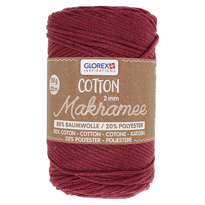 Glorex Wolle Makramee-Cotton - Bordeaux, Durchmesser: 2 mm, 250 g - Ein Knäuel GLOREX Inspirations Baumwoll-Makramee-Garn, 2 mm dick, in einem satten Burgunderrot, ideal für kreative Handarbeitsprojekte.