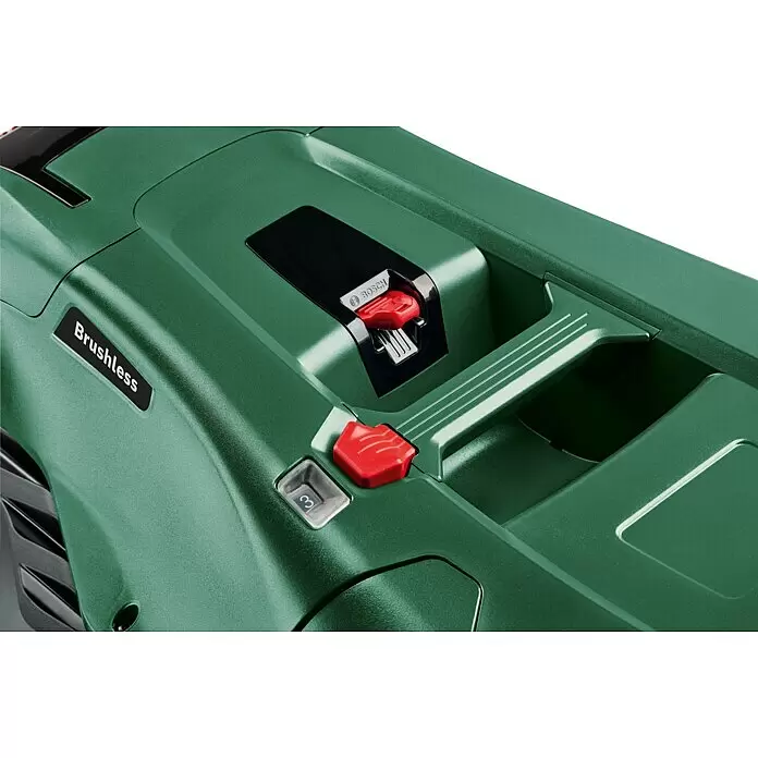 Bosch Power for All 36V Akku-Rasenmäher AdvancedRotak 36V-44-750 - 36 V, Ohne Akku, 0 Ah, Schnittbreite: 44 cm - Nahaufnahme eines grünen Bosch Gartenwerkzeugs mit 'Brushless'-Etikett, rotem Sicherheitsschalter und Wählschalter '3'.
