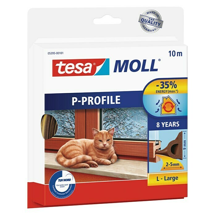 tesa MOLL P-Profildichtung (Braun, 10 m x 9 mm x 5,5 mm, Geeignet für: Spaltenbreiten 2 - 5 mm)