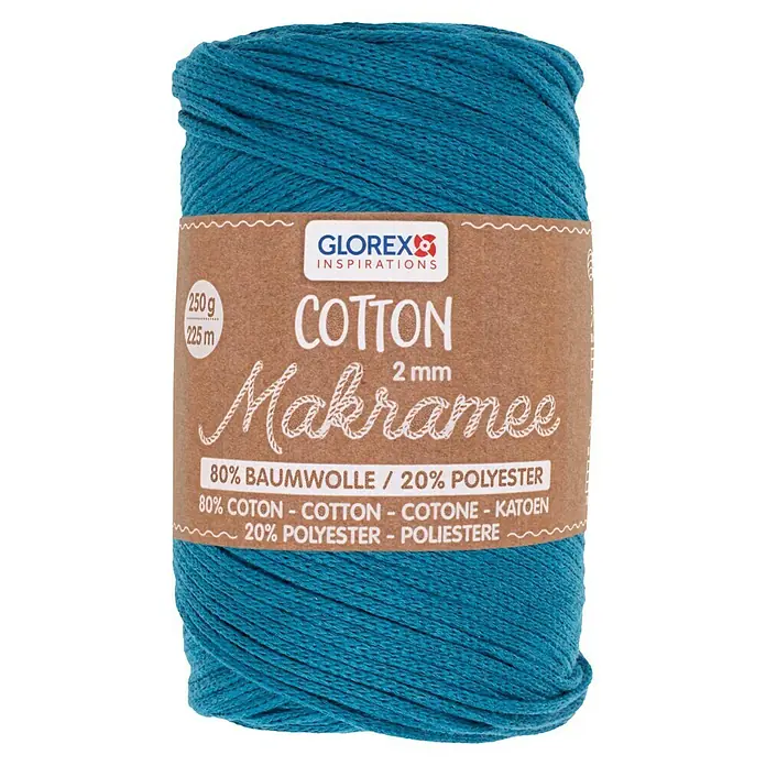 Glorex Wolle Makramee-Cotton - Türkis, Durchmesser: 2 mm, 250 g - Ein Knäuel blaues Glorex Cotton Makramee Garn, 2 mm dick, bestehend aus 80% Baumwolle und 20% Polyester, ideal für Makramee-Projekte und andere Bastelarbeiten.