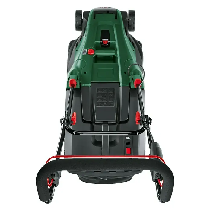 Bosch Power for All 36V Akku-Rasenmäher AdvancedlRotak 36V-40-650 - 36 V, 1 Akku, 4 Ah, Schnittbreite: 40 cm - Ansicht eines Bosch Rasenmähers, der eine grüne Oberseite, einen schwarzen Körper und rote Akzente aufweist.