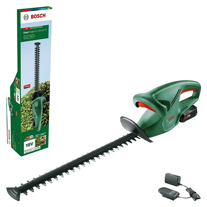 Bosch Power for All 18V Akku-Heckenschere EasyHedgeCut 18V-52-13 - 18 V, Li-Ionen, 1 Akku - Das Bild zeigt eine Akku-Heckenschere von Bosch, Modell EasyHedgeCut 18V-52-13, zusammen mit Verpackung und Ladegerät. Die Heckenschere ist grün-schwarz.