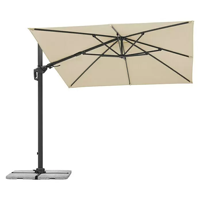 Schneider Classic Ampelschirm Rhodos Twist - Natur, Bespannungsmaß (L x B): 260 x 350 cm - Beiger rechteckiger Ampelschirm mit dunkelgrauem Mast und Beschwerungsplatten.