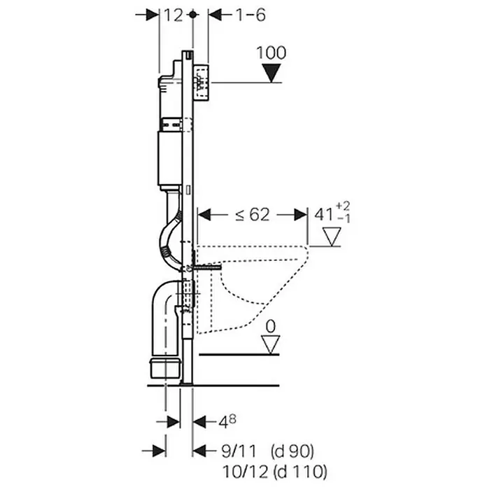 Geberit Duofix WC-Vorwandelement Basic 458.103.00.2 mit Delta UP-Spülkasten - 2-Mengen-Spülung, 12 x 50 x 112 cm - Technische Zeichnung einer Sanitärinstallation mit Maßangaben zur Wandmontage, Abwasseranschlüsse und den Dimensionen des WC-Beckens.