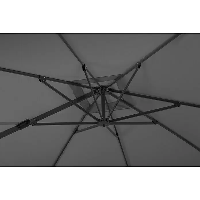 Schneider Classic Ampelschirm Rhodos Twist - Anthrazit, Bespannungsmaß (L x B): 260 x 350 cm - Unterseite eines dunkelgrauen Sonnenschirms, zeigt zentralen Metallmechanismus und tragende Streben auf grauem Stoff.