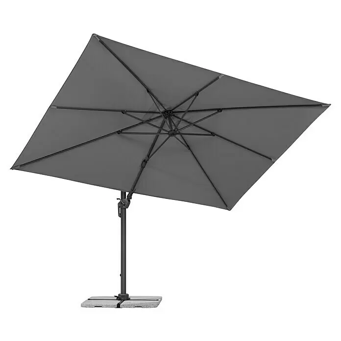 Schneider Classic Ampelschirm Rhodos Twist - Anthrazit, Bespannungsmaß (L x B): 260 x 350 cm - Grauer quadratischer Ampelschirm mit dunkelgrauem Gestell auf einem beschwerten Sockel.