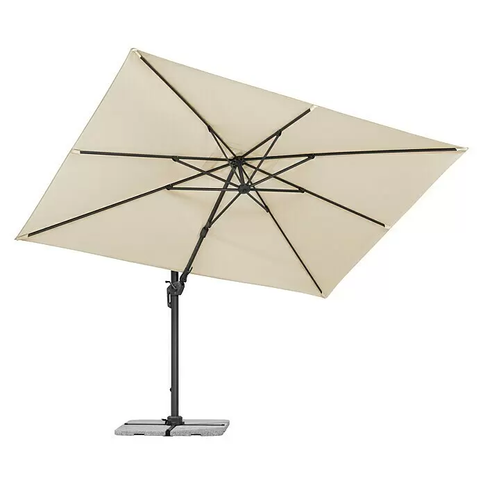 Schneider Classic Ampelschirm Rhodos Twist - Natur, Bespannungsmaß (L x B): 260 x 350 cm - Beiger rechteckiger Ampelschirm mit schwarzem Metallgestell und grauem Sockel.