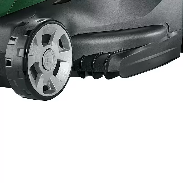 Bosch Power for All 36V Akku-Rasenmäher AdvancedlRotak 36V-40-650 - 36 V, 1 Akku, 4 Ah, Schnittbreite: 40 cm - Nahaufnahme eines Rasenmähers mit schwarzem Rad, silberner Nabe und grün-schwarzem Gehäuse.