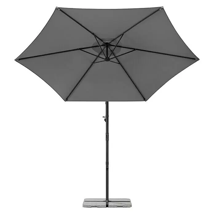 Schneider Classic Ampelschirm rund Venus - Anthrazit, Durchmesser Bespannung: 300 cm - Geöffneter grauer Sonnenschirm mit dunkler Stützstange und vierteiligem grauem Sockel.