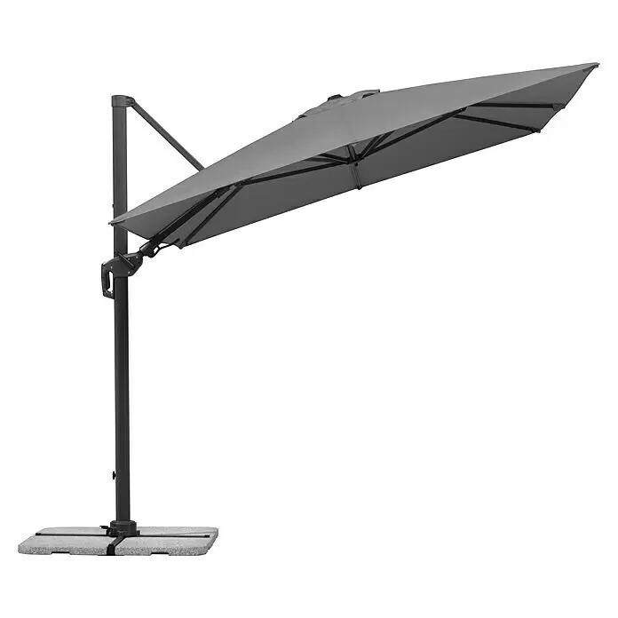 Schneider Classic Ampelschirm Rhodos Twist - Anthrazit, Bespannungsmaß (L x B): 260 x 350 cm - Grauer Ampelschirm mit dunklem Gestell und beschwertem Fuß, schattenspendend geneigt.