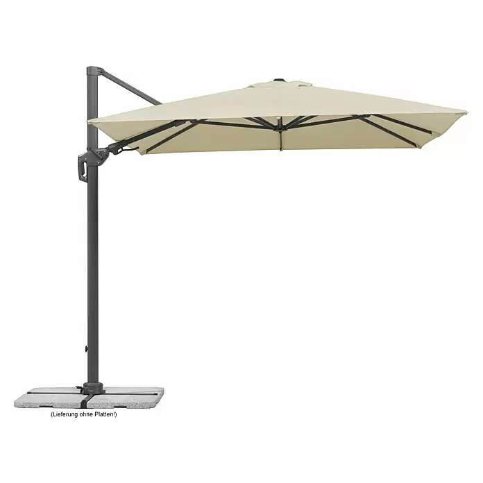 Schneider Classic Ampelschirm Rhodos Twist - Natur, Bespannungsmaß (L x B): 260 x 350 cm - Beiger Ampelschirm mit dunkelgrauem Gestell und Kreuzfuß für den Außenbereich.