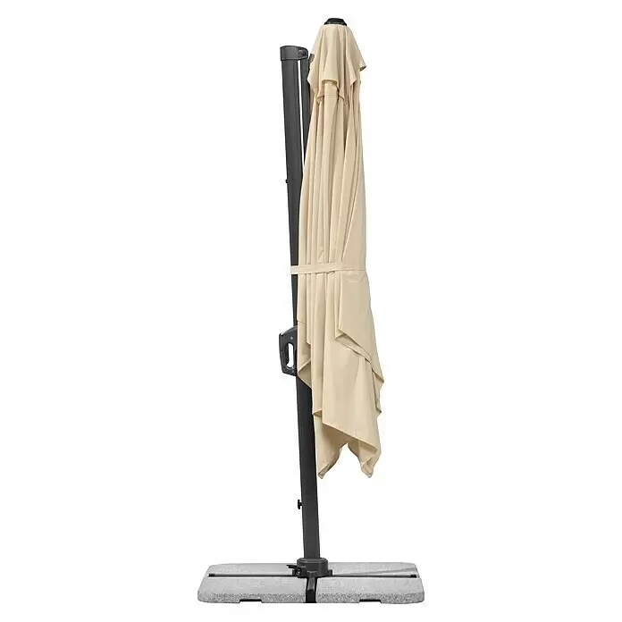 Schneider Classic Ampelschirm Rhodos Twist - Natur, Bespannungsmaß (L x B): 260 x 350 cm - Geschlossener beiger Ampelschirm mit dunkelgrauem Mast und stabilen Sockelgewichten.