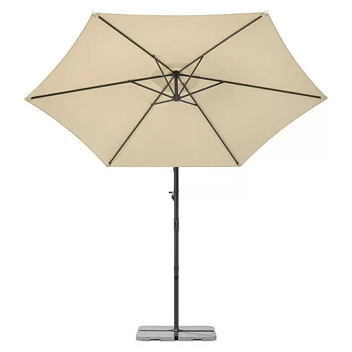 Schneider Classic Ampelschirm rund Venus - Natur, Durchmesser Bespannung: 300 cm - Cremefarbener Outdoor-Sonnenschirm von unten, mit dunkelgrauem Mast und stabilem Standfuß für die Terrassenbeschattung.