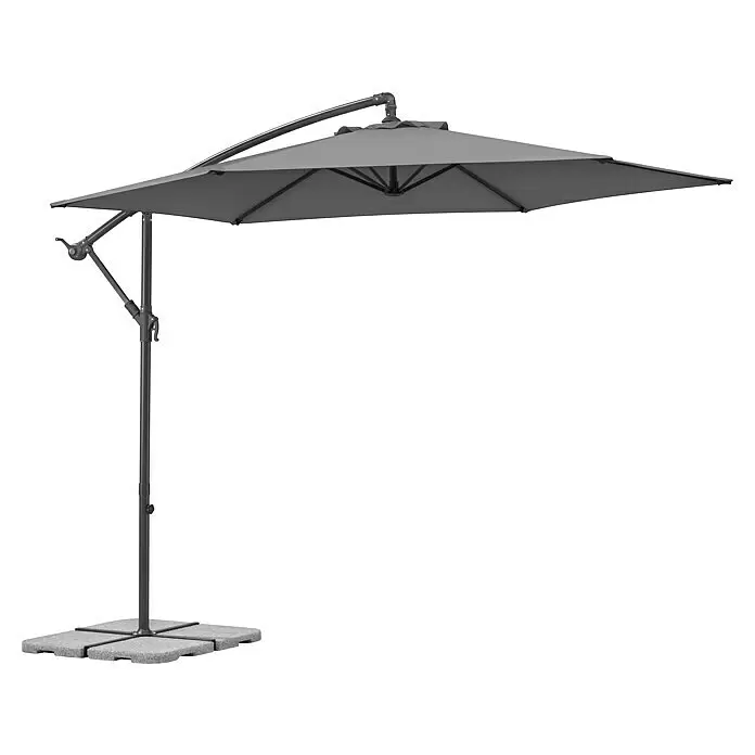 Schneider Classic Ampelschirm rund Venus - Anthrazit, Durchmesser Bespannung: 300 cm - Grauer Freiarmschirm mit dunklem Metallgestell und Betonfußplatten.