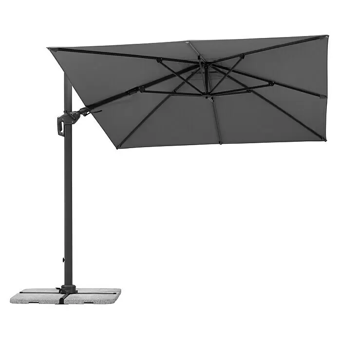 Schneider Classic Ampelschirm Rhodos Twist - Anthrazit, Bespannungsmaß (L x B): 260 x 350 cm - Dunkelgrauer freitragender Terrassenschirm mit stabilem Fuß, von unten sichtbar mit Rahmenstruktur.