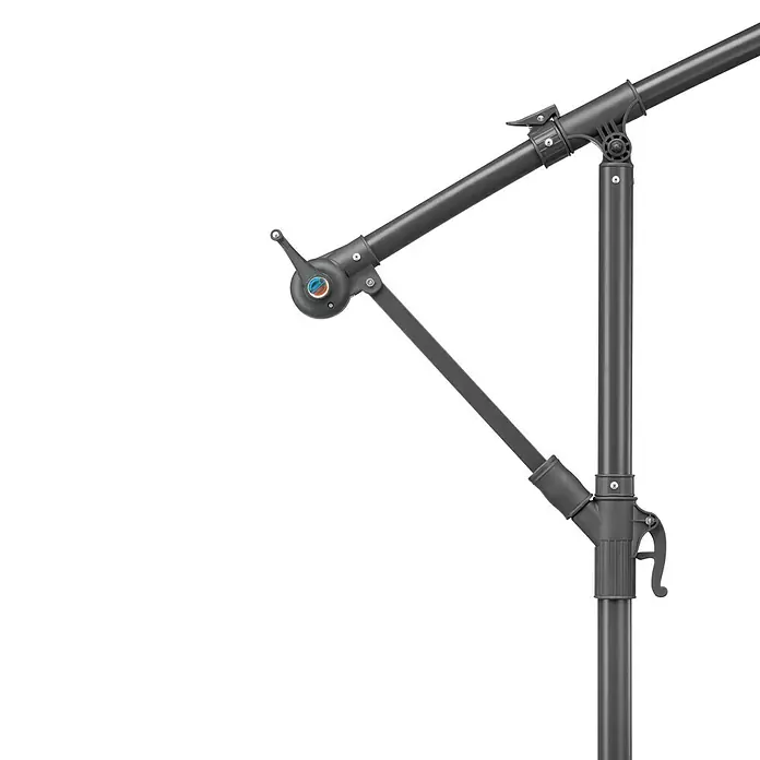Schneider Classic Ampelschirm rund Venus - Anthrazit, Durchmesser Bespannung: 300 cm - Detailaufnahme eines modernen Sonnenschirms mit grauem Gestell und Verstellmechanismus für flexible Beschattung.