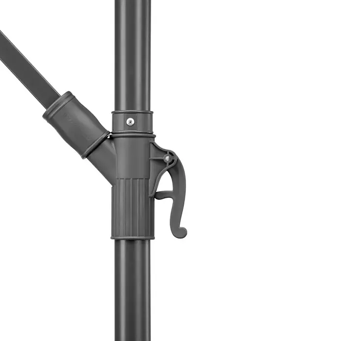 Schneider Classic Ampelschirm rund Venus - Anthrazit, Durchmesser Bespannung: 300 cm - Detailansicht eines grauen Sonnenschirmständers mit Verstellmechanismus und Gelenk, das die Flexibilität des Sonnenschirms demonstriert.