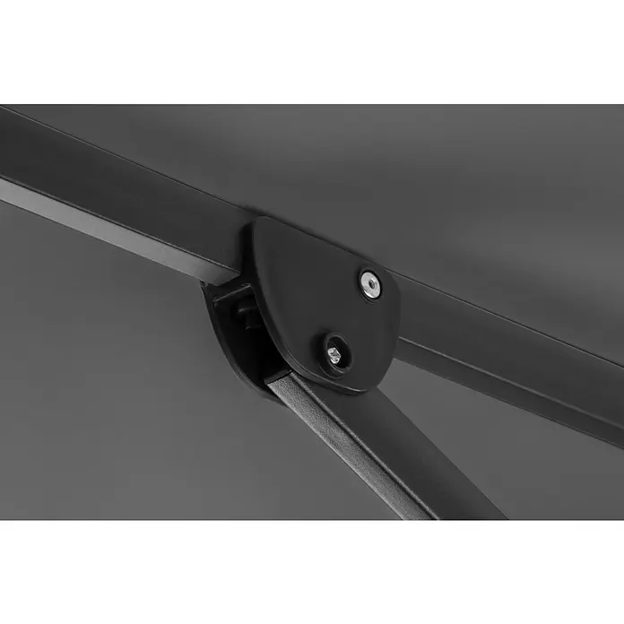 Schneider Classic Ampelschirm Rhodos Twist - Anthrazit, Bespannungsmaß (L x B): 260 x 350 cm - Detailaufnahme einer Gelenkverbindung an einem grauen Sonnenschirm, die Stabilität und Funktionalität des Produkts hervorhebt.