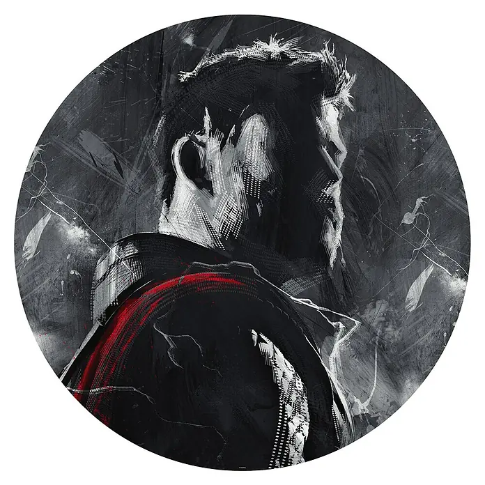 Komar Dots Fototapete rund Avengers Paint Thor - 125 cm, Selbstklebend - Illustration eines Mannes im Profil mit einer roten Jacke auf einem kreisförmigen Hintergrund.