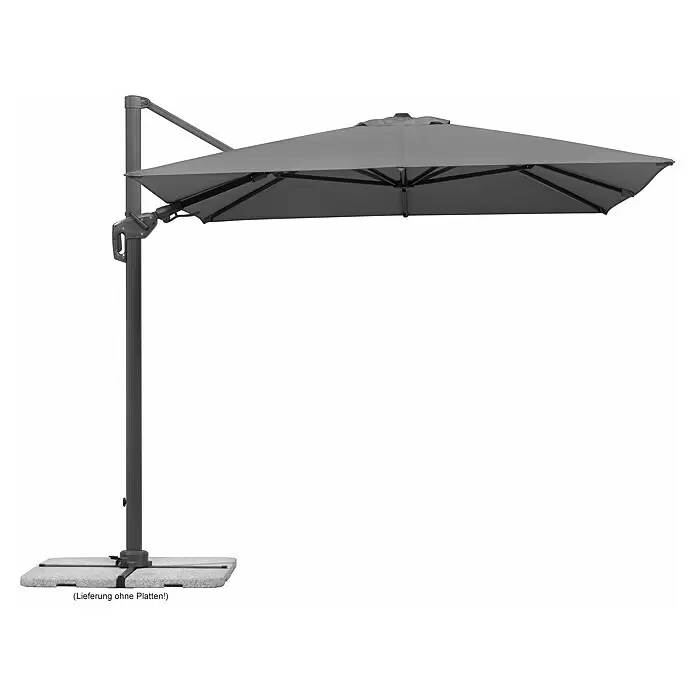 Schneider Classic Ampelschirm Rhodos Twist - Anthrazit, Bespannungsmaß (L x B): 260 x 350 cm - Grauer Ampelschirm mit dunkelgrauem Mast und Plattenfuß.