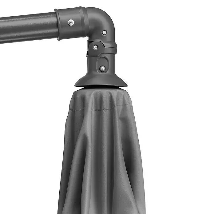 Schneider Classic Ampelschirm rund Venus - Anthrazit, Durchmesser Bespannung: 300 cm - Dunkelgrauer strukturierter Metallarm und Gelenk eines Sonnenschirmgestells mit geraffter Stoffabdeckung.