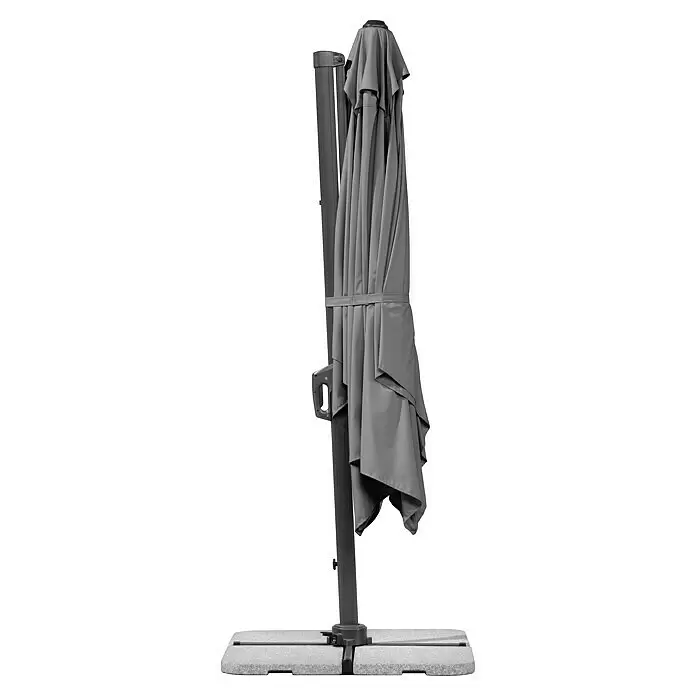 Schneider Classic Ampelschirm Rhodos Twist - Anthrazit, Bespannungsmaß (L x B): 260 x 350 cm - Geschlossener grauer Ampelschirm mit dunklem Mast und vierteiligem Fußgewicht.