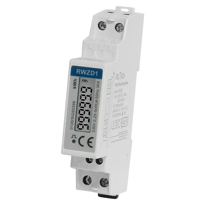 Reltech Wechselstromzähler digital MID 45A RWZD1 - 230 V - Einphasen-Energiezähler RWZD1 von RELTECH zur Messung des Stromverbrauchs mit digitaler Anzeige und Schraubklemmen für die Installation.